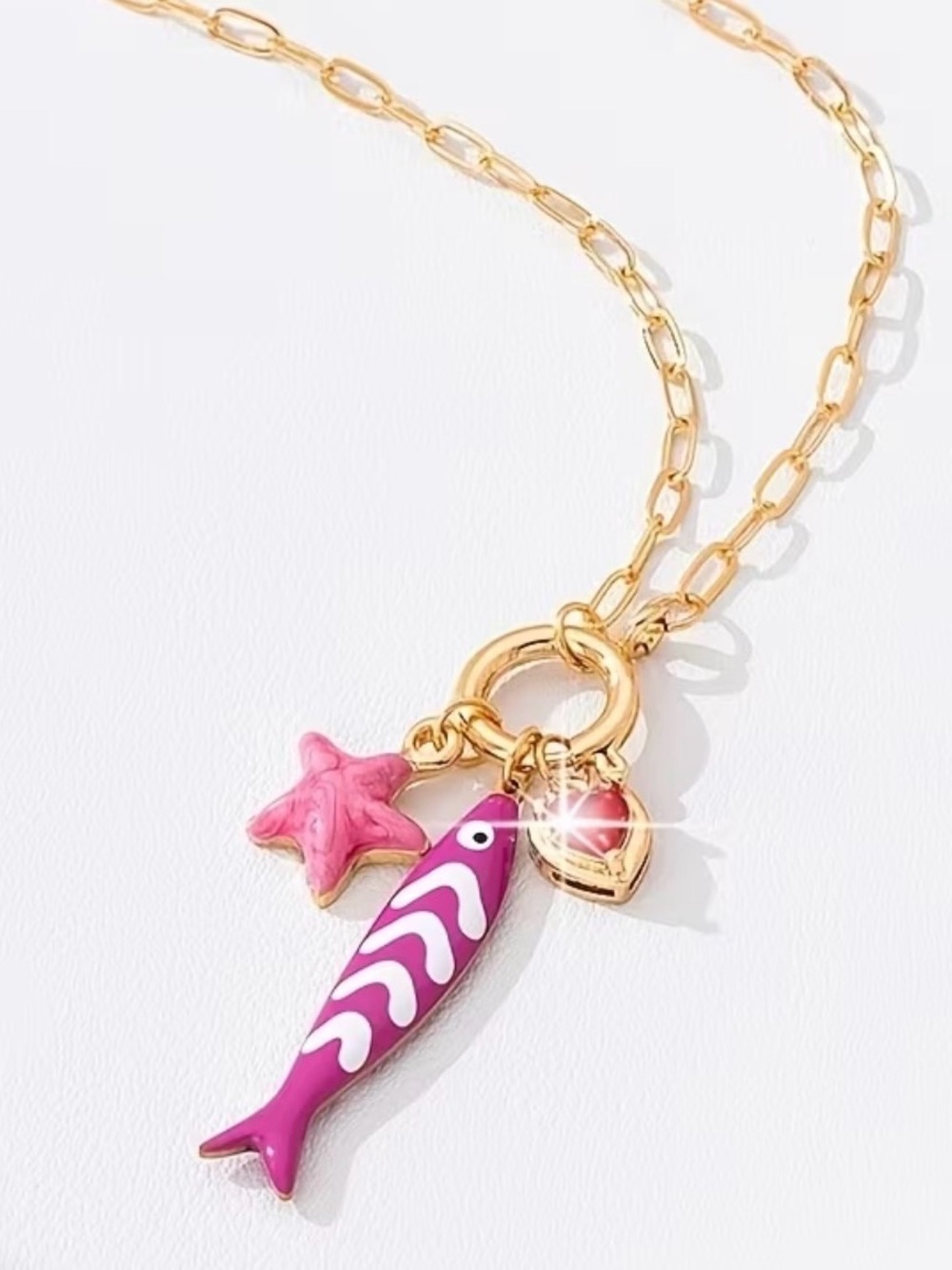 Gold Chain Necklace with Pink Fish, Star & Heart Charms